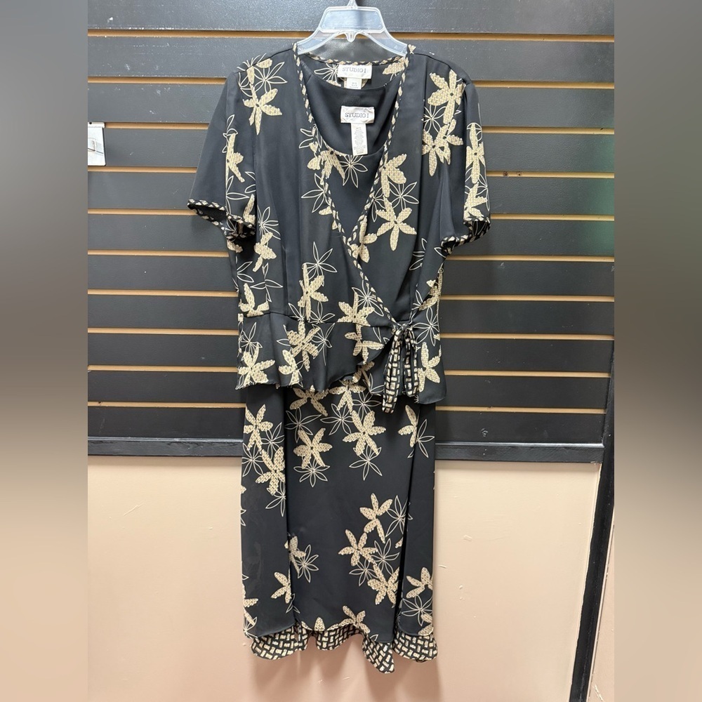 Studio I 2-Pc Dress & Tie Jacket Set Black Floral Print Size 16